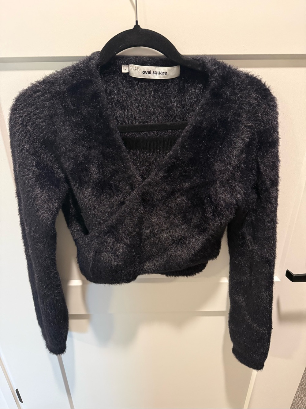 Oval Square Black Fuzzy Cropped Wrap Cardigan Sweater Soft Knit Size M